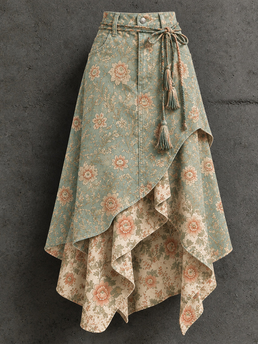 Women's Retro Style Art Print Irregularly Layered Stitched Skirt