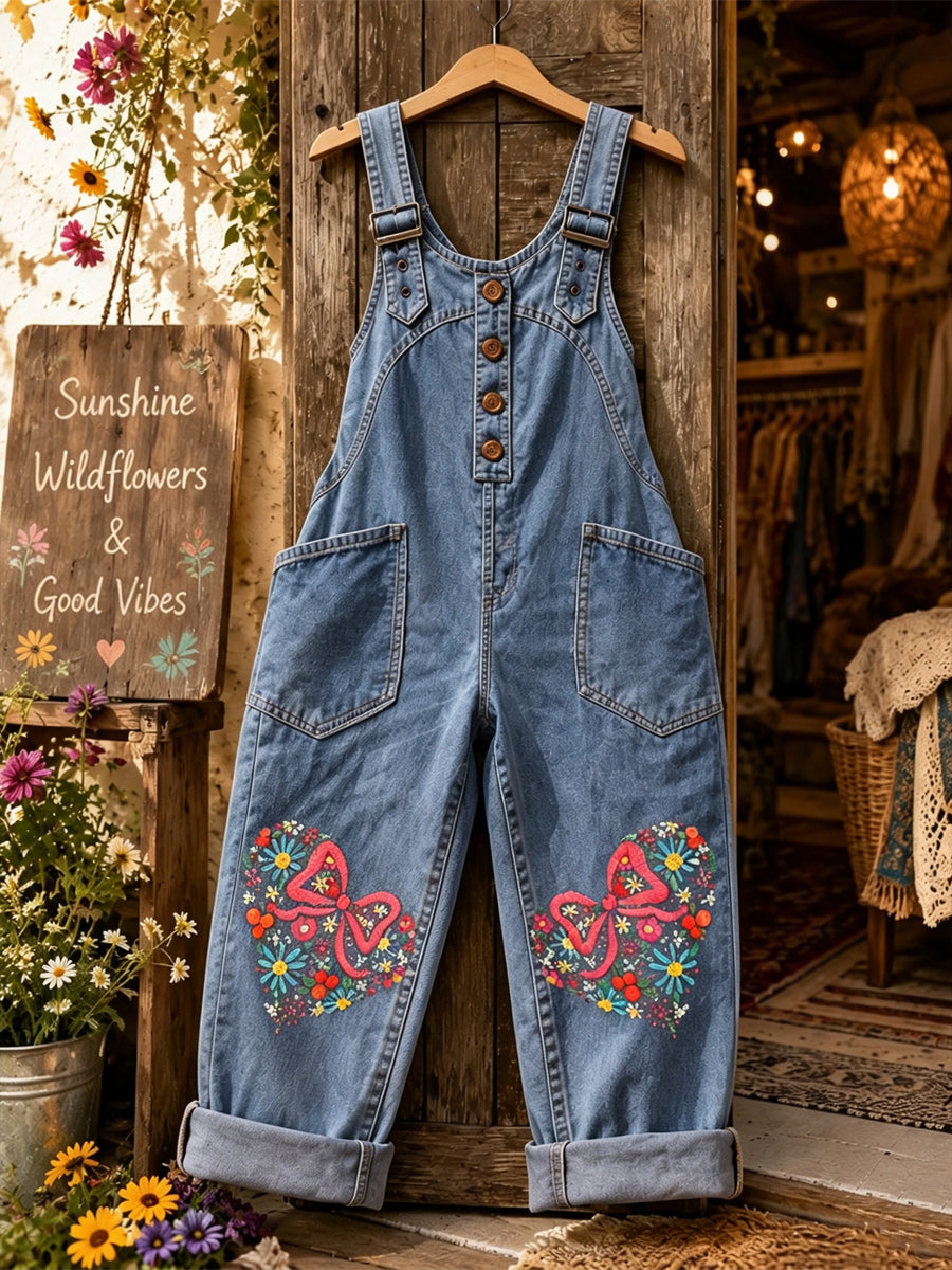 Women's Retro Style Art Print Washed Cotton Denim Patchwork Jumpsuit
