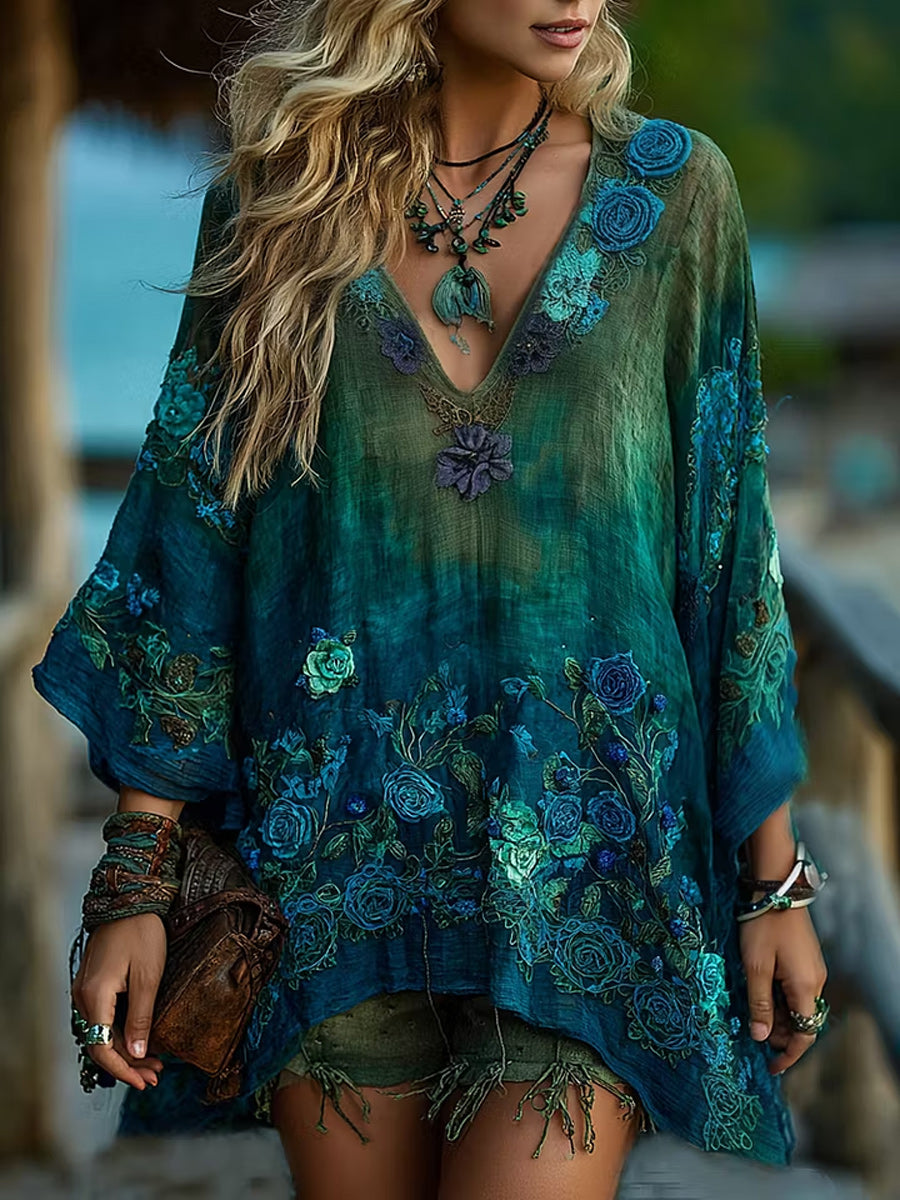 Women's Bohemian Casual Art Print Retro Washed V-Neck Long Sleeve Top