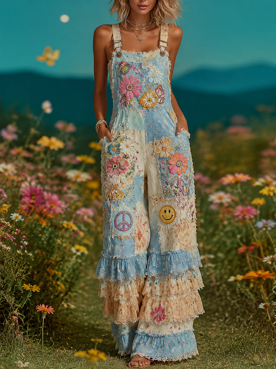 Women's Retro Style Art Print Washed Cotton Denim Patchwork Jumpsuit