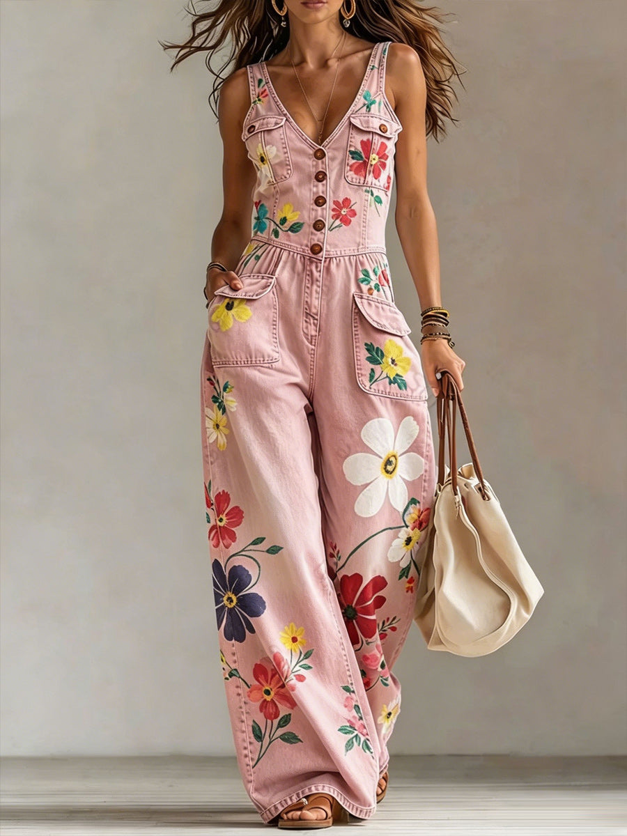 Women's Retro Style Art Print Washed Cotton Denim Pocket Patchwork Jumpsuit