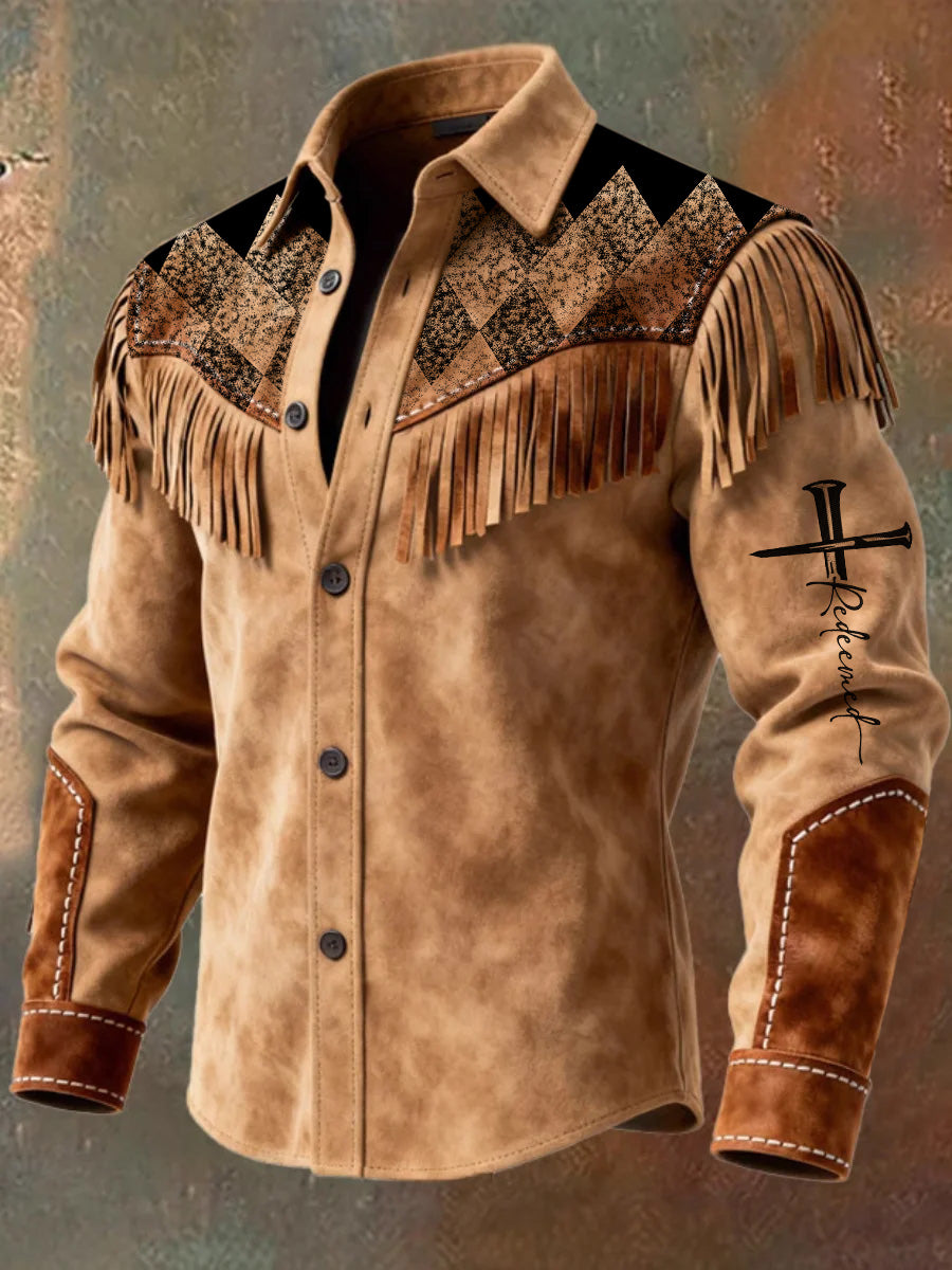 Men's Retro Western Style Art Print Vintage Tassel Casual Long Sleeve Shirt