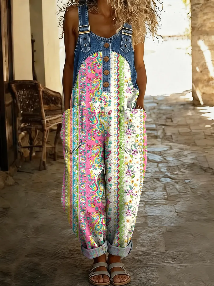 Women's Striped Bohemian Colorful Floral Art Print Casual Washed Cotton Denim Patchwork Jumpsuit
