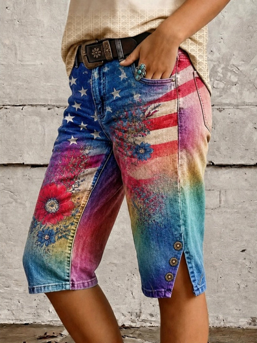 Retro Style Floral Art Print Vintage Casual Denim Shorts