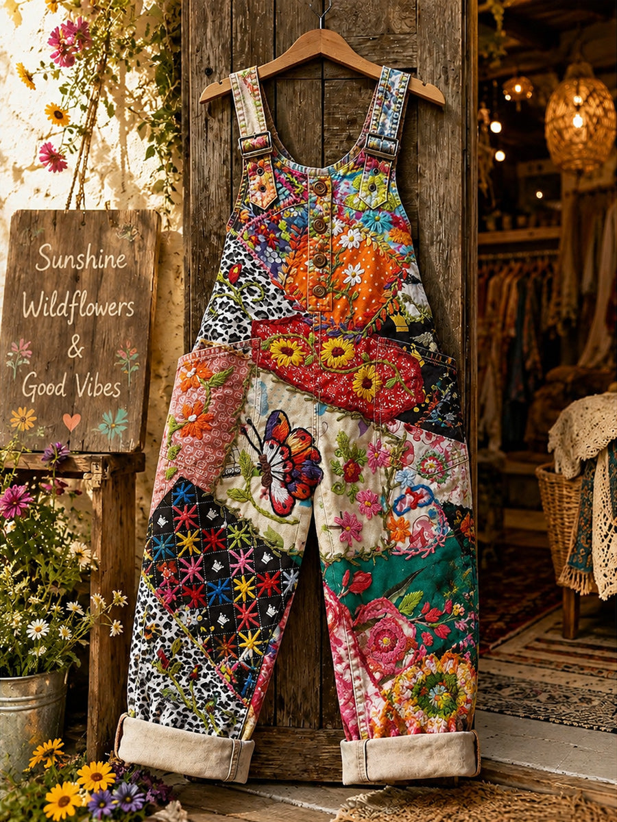 Women's Retro Style Art Print Washed Cotton Denim Patchwork Jumpsuit