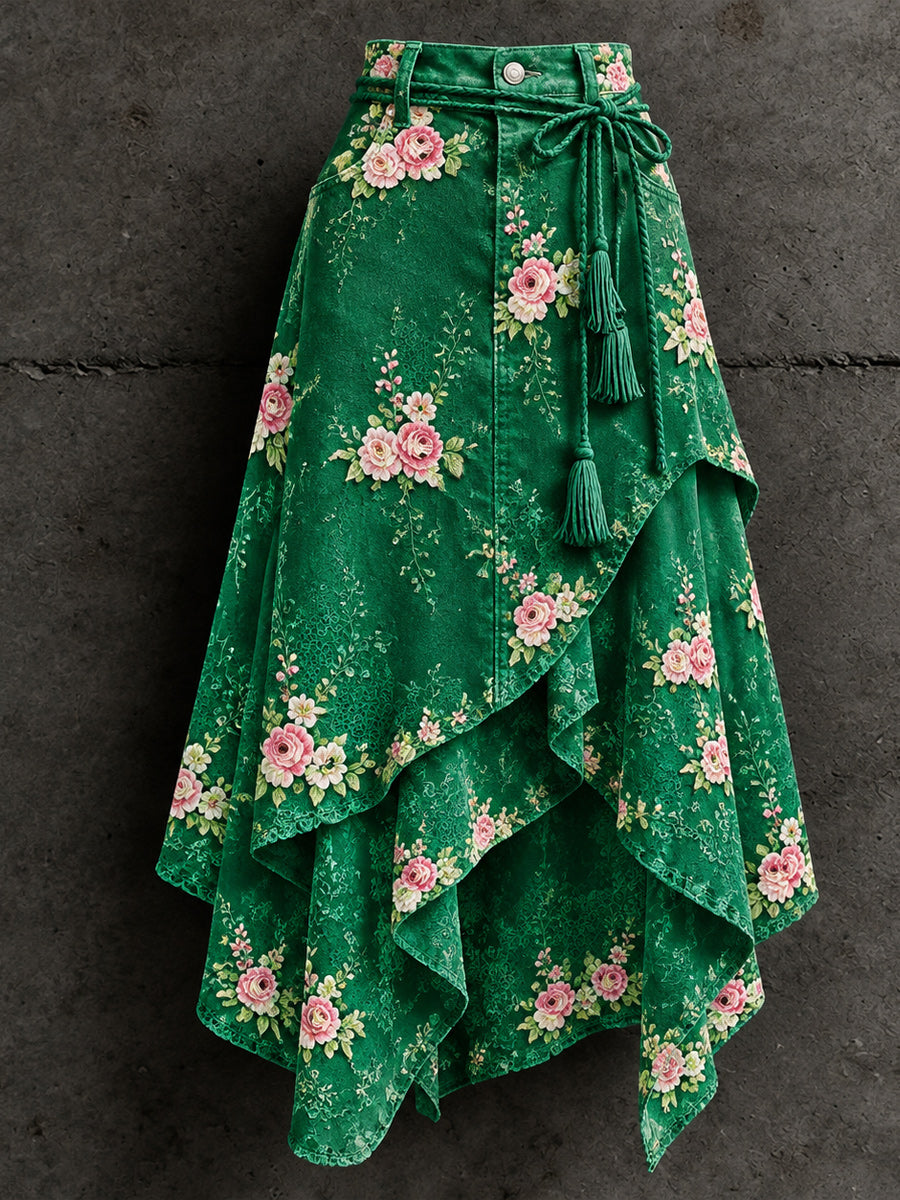 Women's Retro Style Art Print Irregularly Layered Stitched Skirt