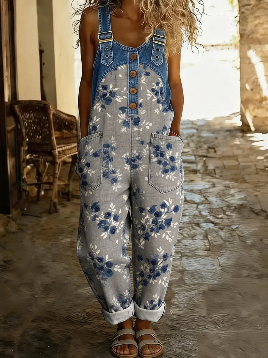 Women's Retro Style Art Print Washed Cotton Denim Patchwork Jumpsuit