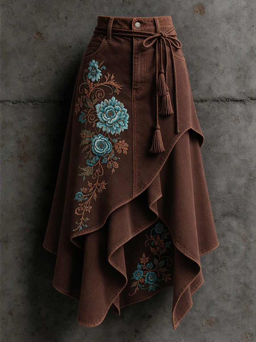 Women's Retro Style Art Print Irregularly Layered Stitched Skirt