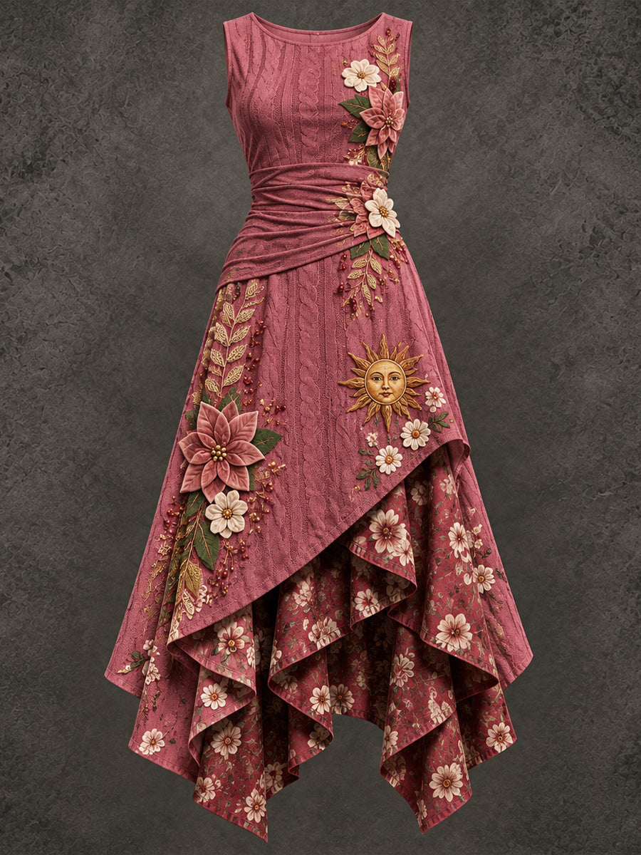 Retro Art Printed Vintage Sleeveless Irregularly Layered Stitched Midi Dress