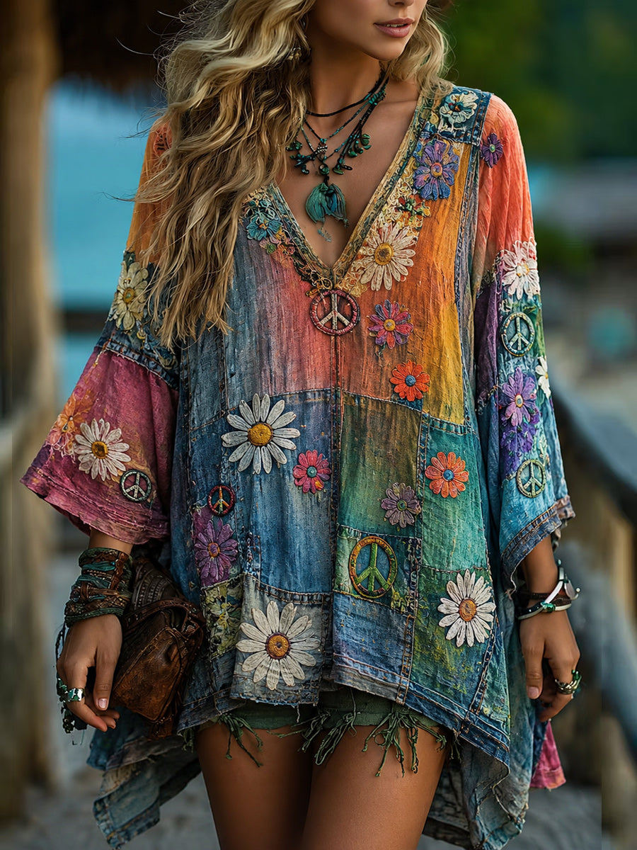 Women's Bohemian Casual Art Print Retro Washed V-Neck Long Sleeve Top