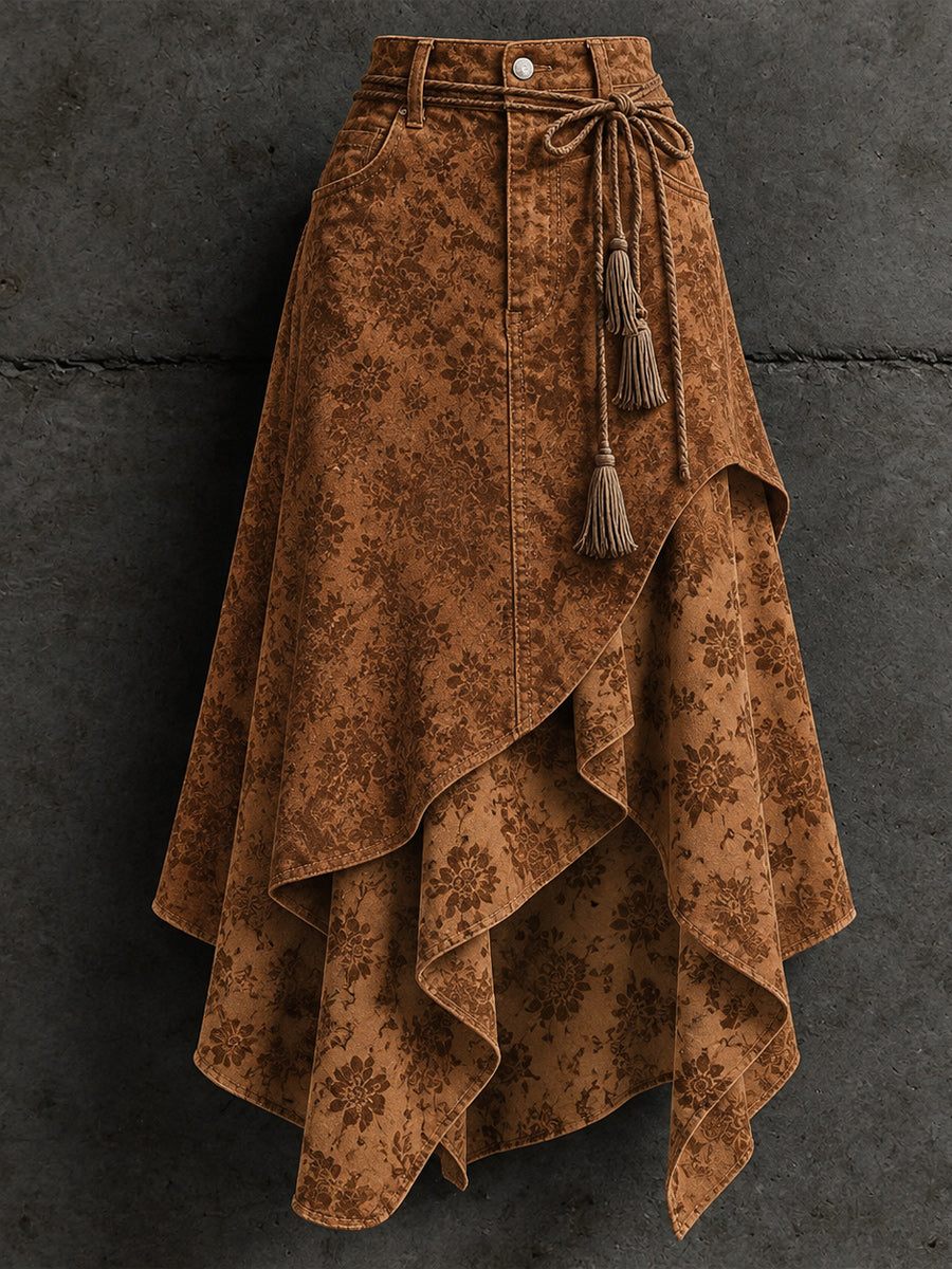 Women's Retro Style Art Print Irregularly Layered Stitched Skirt