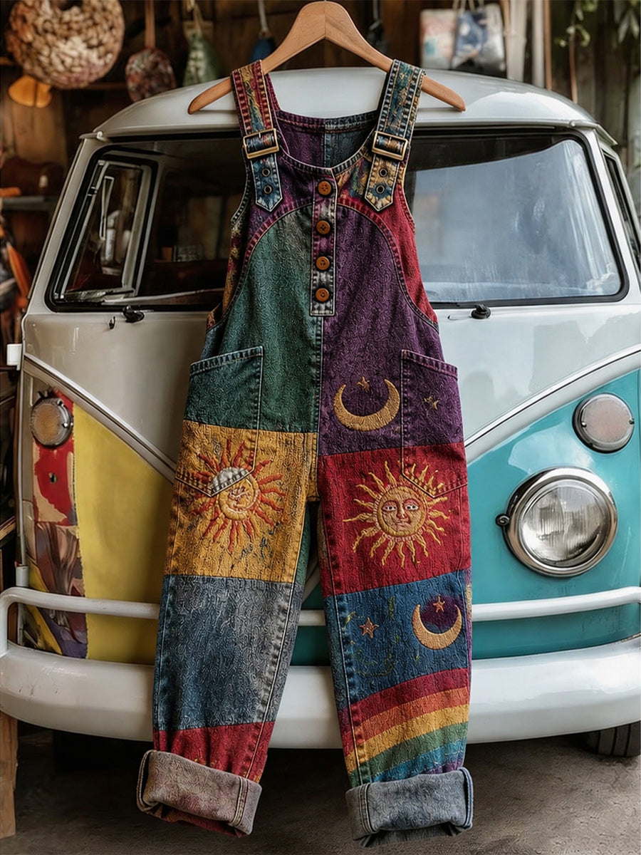 Women's Retro Style Art Print Washed Cotton Denim Patchwork Jumpsuit