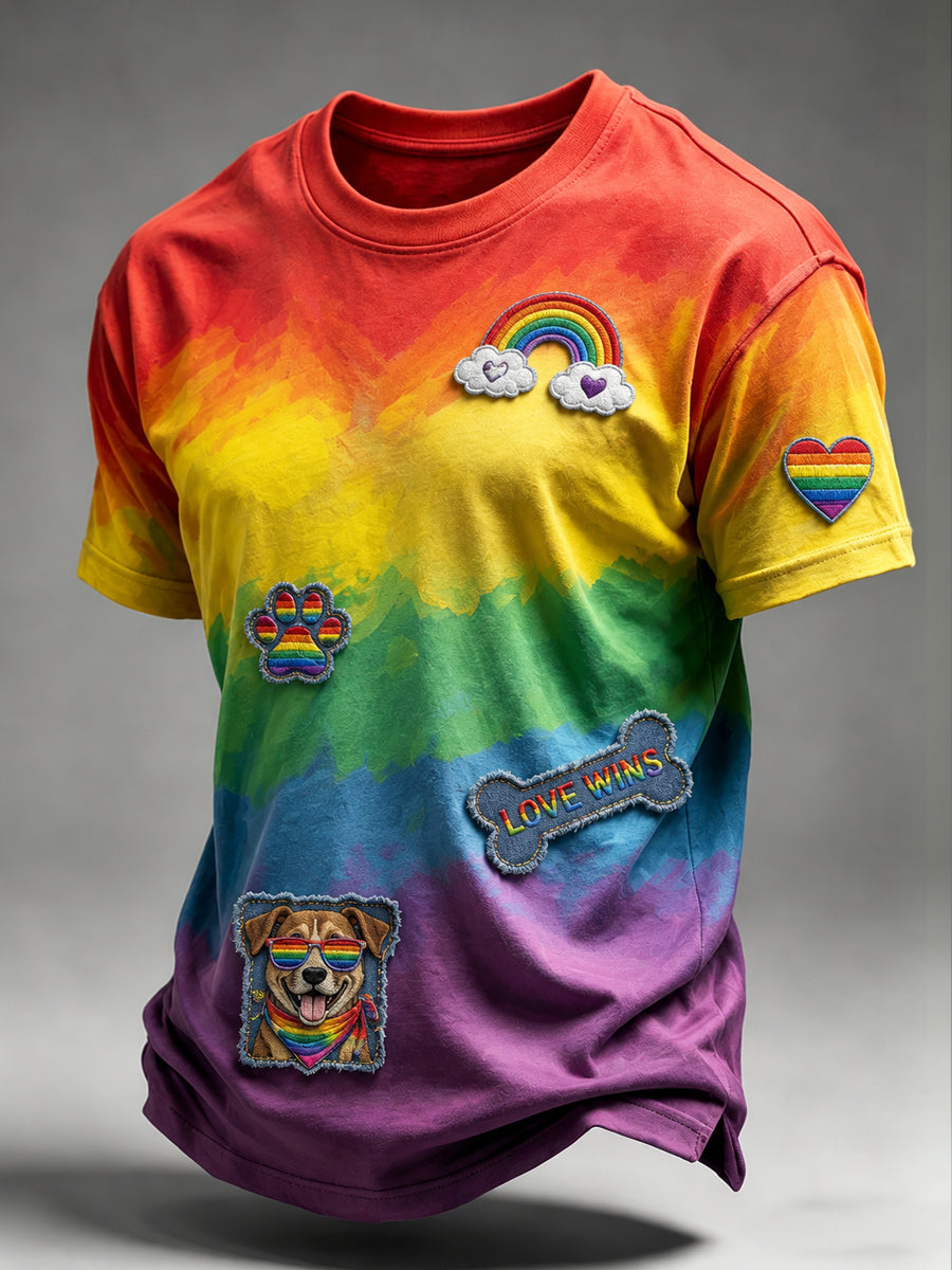 Retro Pride Month Rainbow Art Printed Round Neck Short Sleeves T-Shirt
