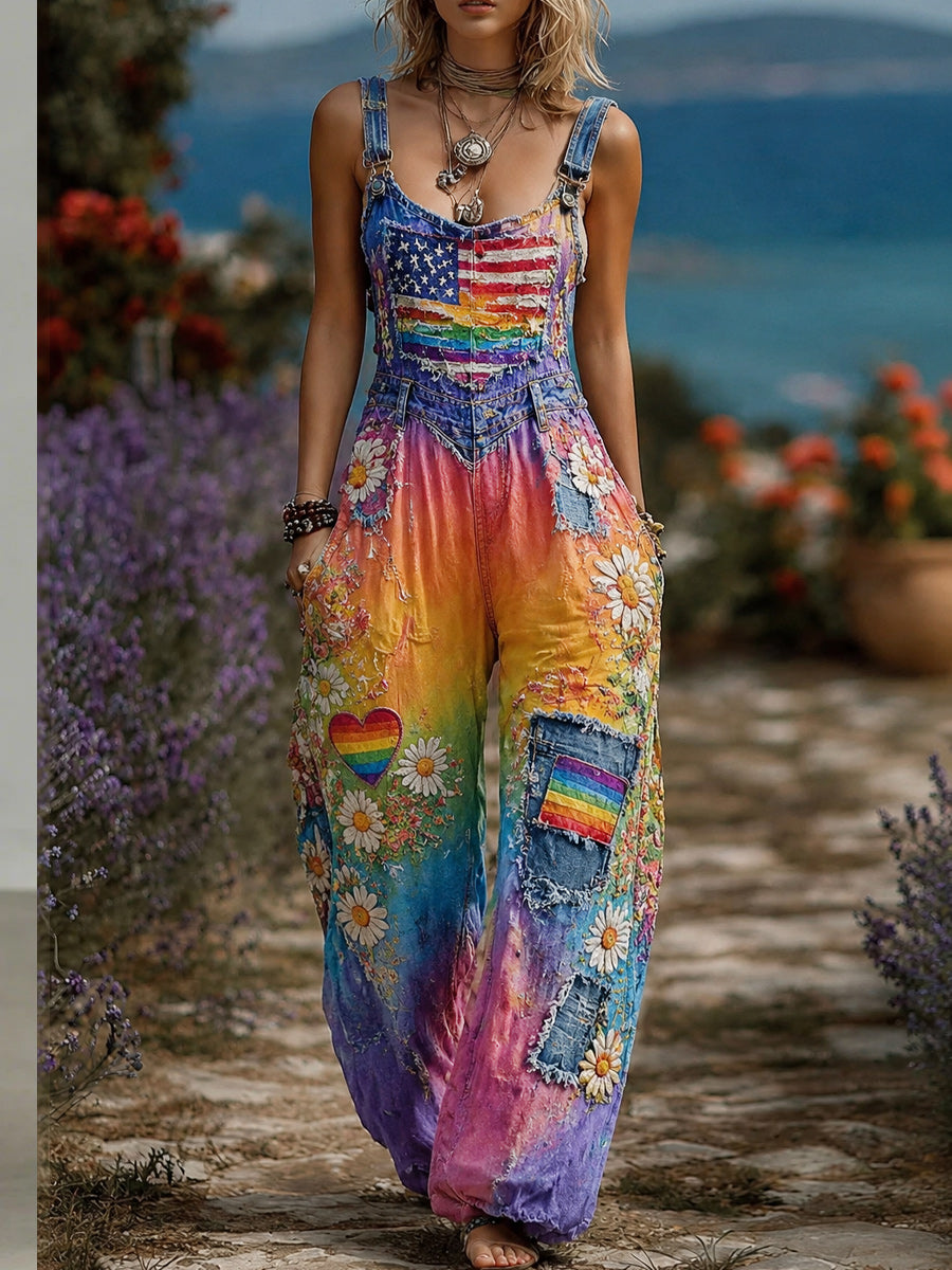 Women's Retro Style Art Print Washed Cotton Denim Patchwork Jumpsuit