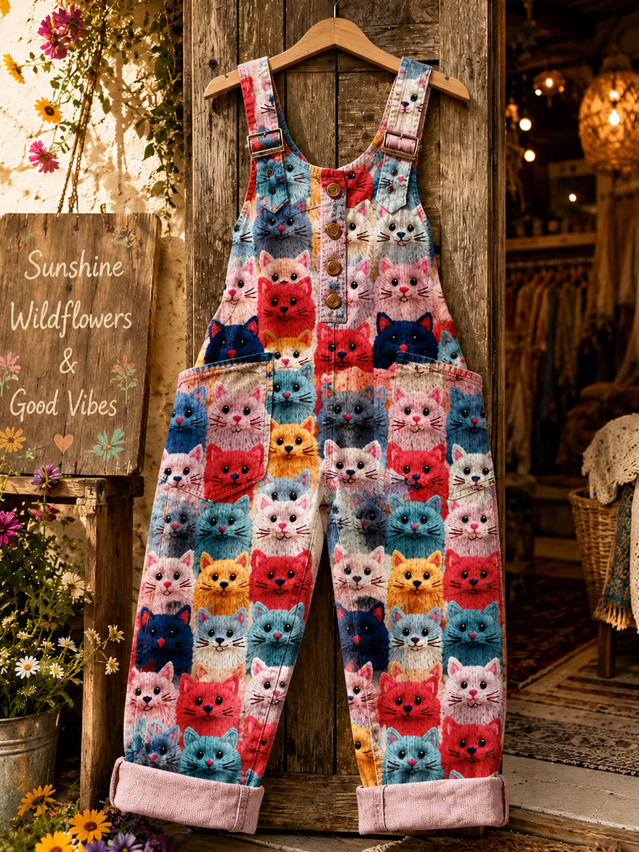 Women's Retro Style Art Print Washed Cotton Denim Patchwork Jumpsuit