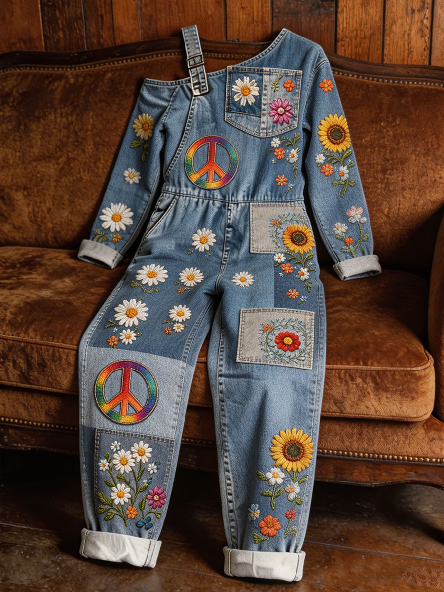 Women's Casual Art Print Retro Washed Cotton Denim Patchwork Jumpsuit