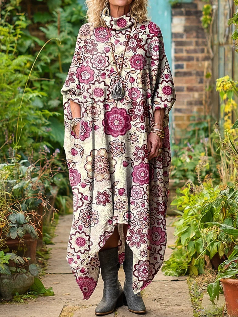 Retro Floral Art Print Long Sleeve Midi Dress
