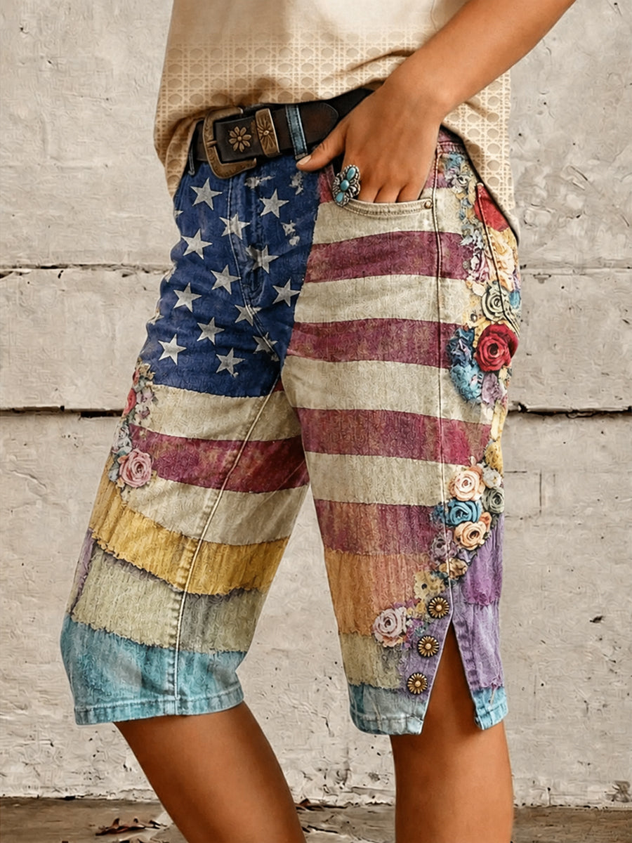 Retro Style Floral Art Print Vintage Casual Denim Shorts