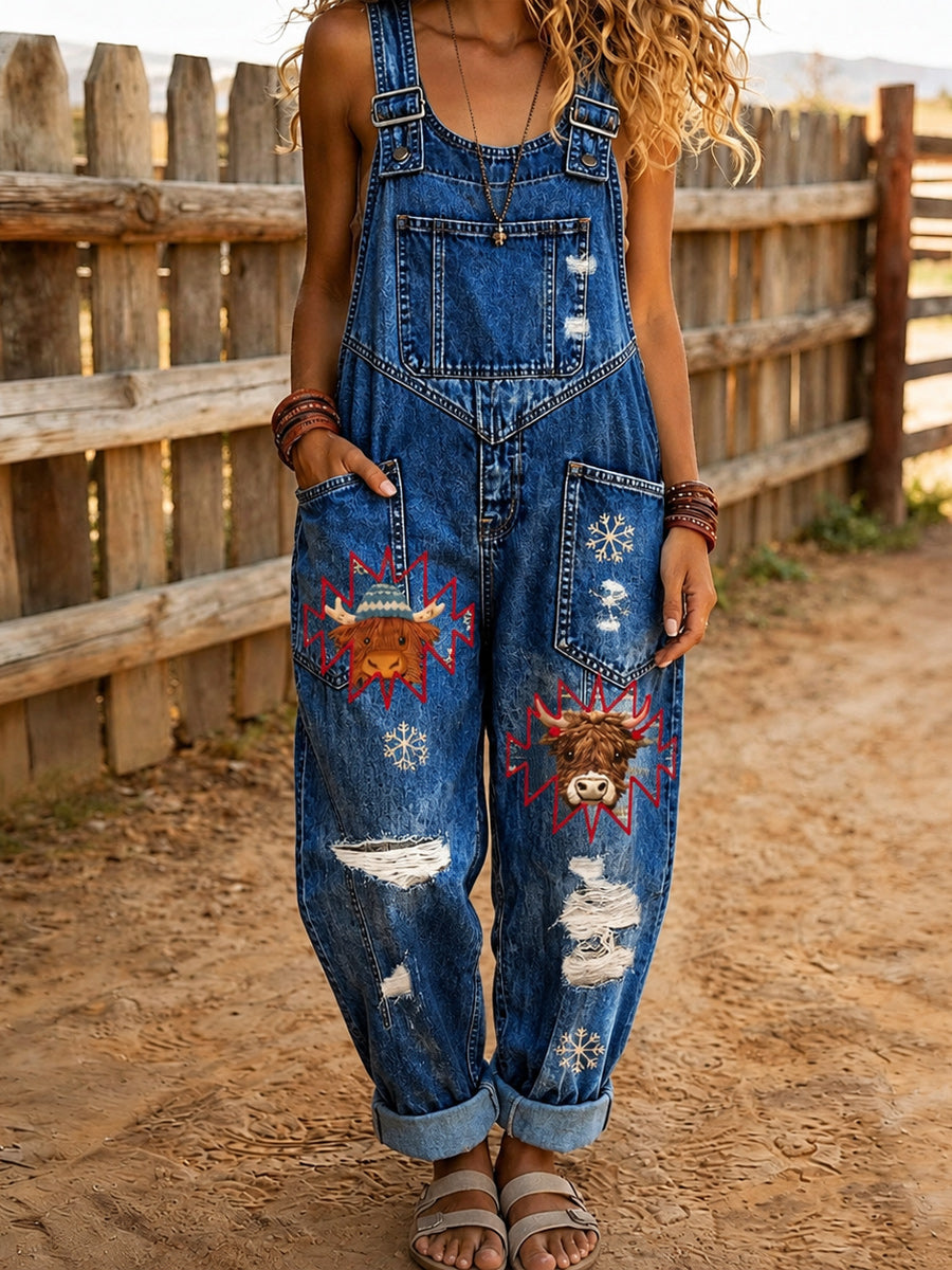 Women's Retro Style Art Print Washed Cotton Denim Patchwork Jumpsuit