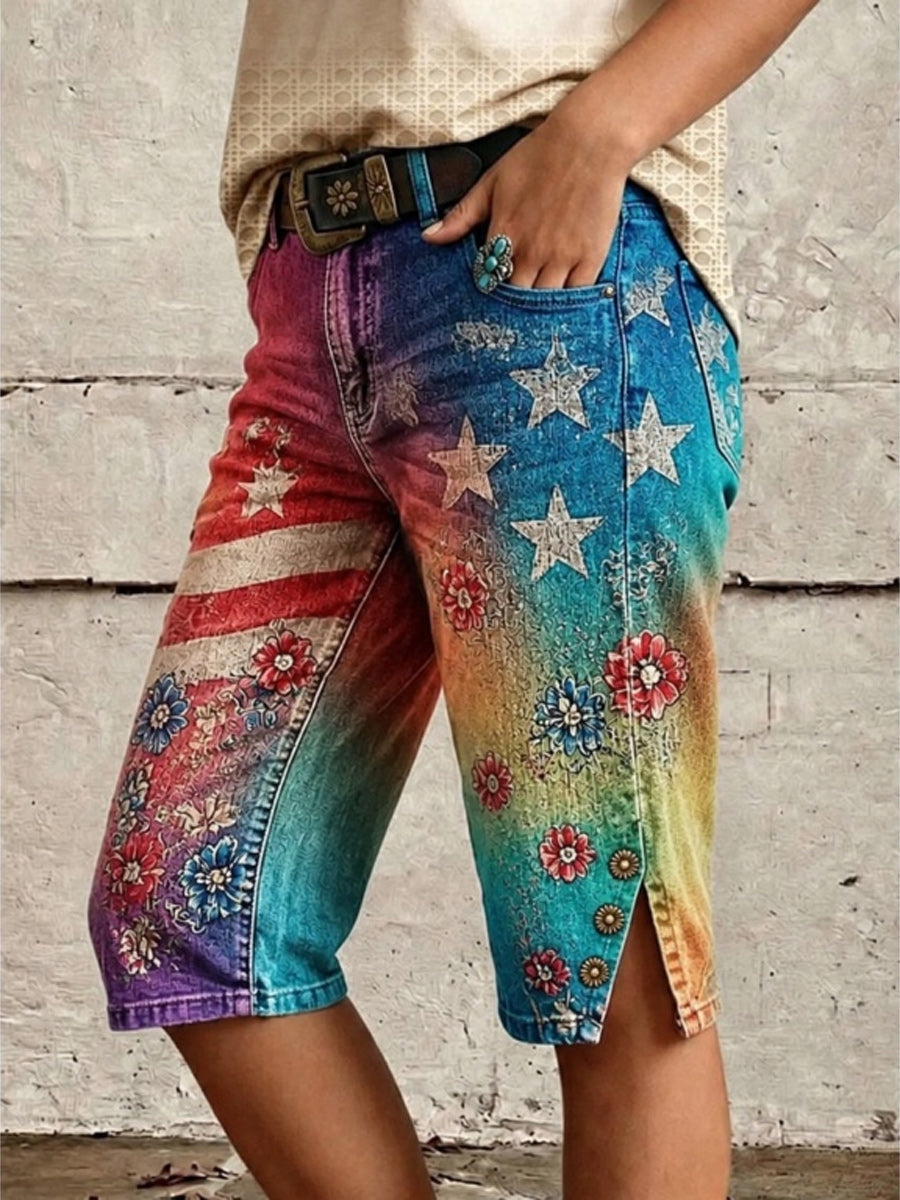 Retro Style Floral Art Print Vintage Casual Denim Shorts