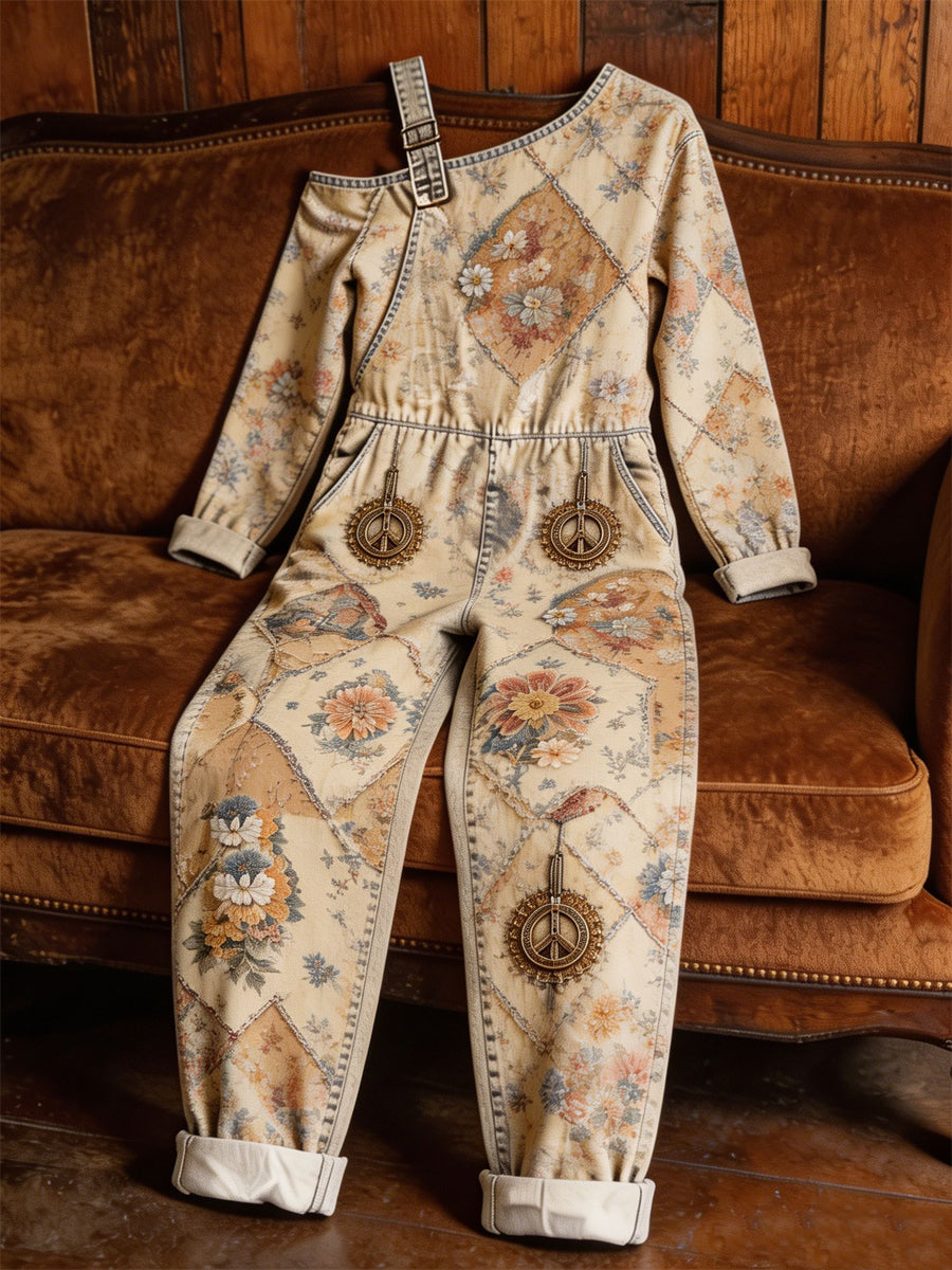 Women's Casual Art Print Retro Washed Cotton Denim Patchwork Jumpsuit