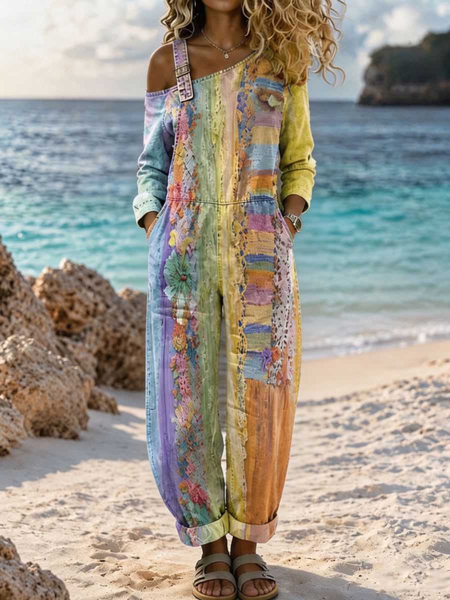 Women's Retro Style Art Print Washed Cotton Denim Patchwork Jumpsuit