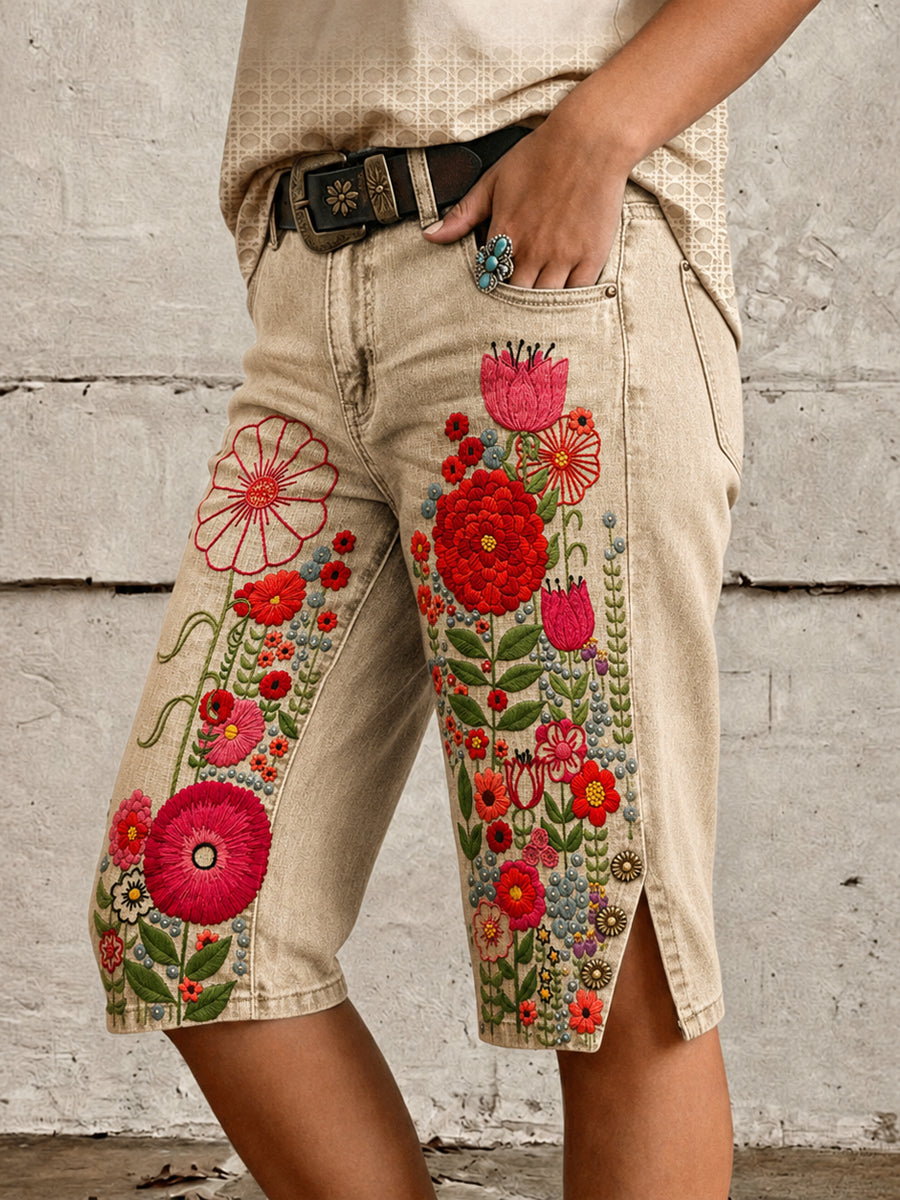Retro Style Floral Art Print Vintage Casual Denim Shorts