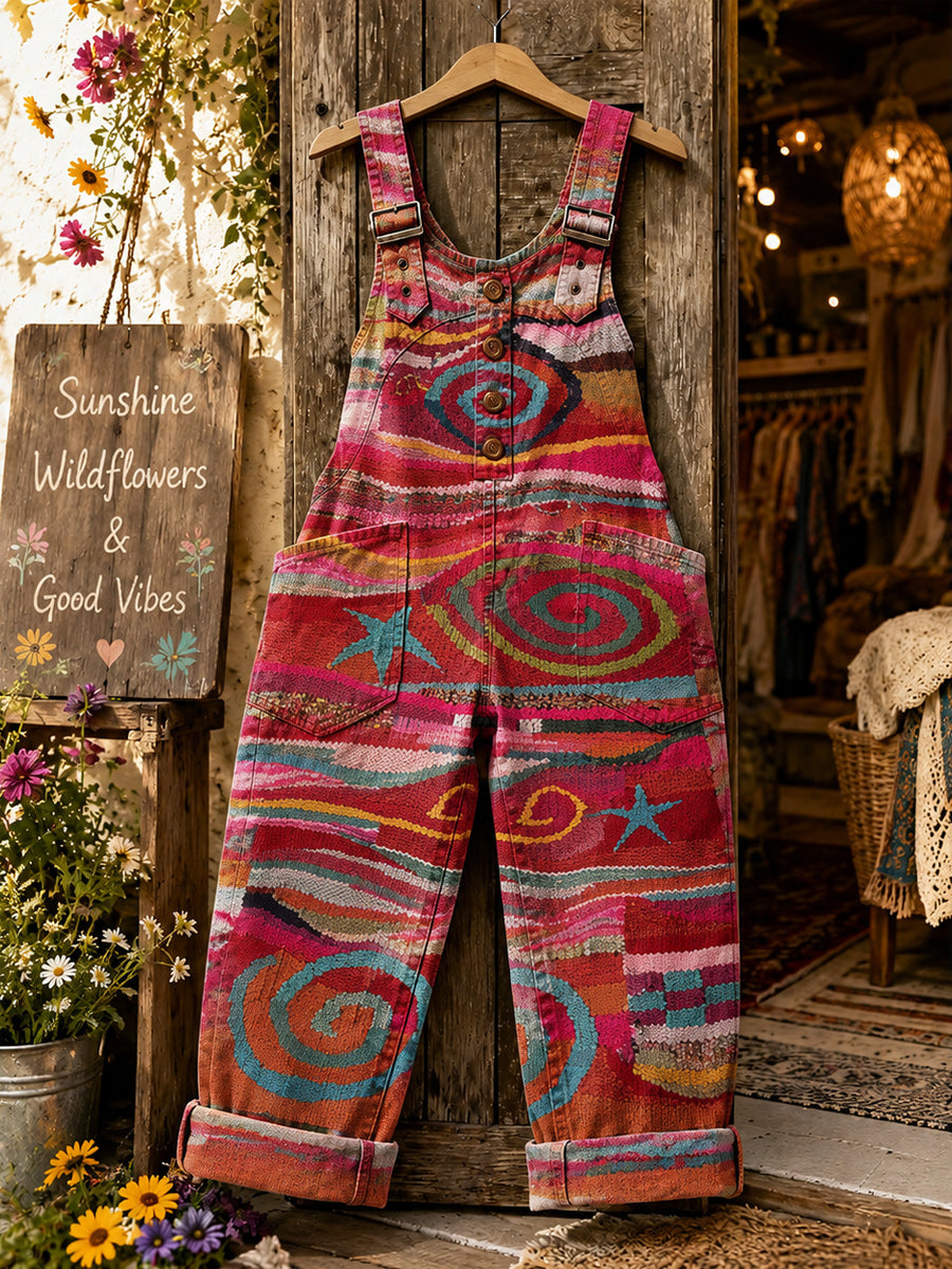 Women's Retro Style Art Print Washed Cotton Denim Patchwork Jumpsuit