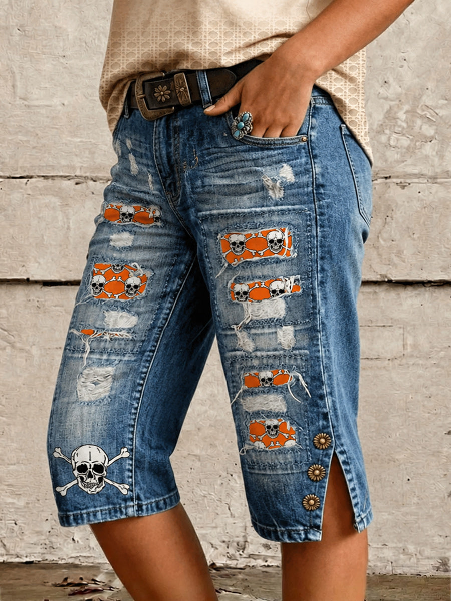 Retro Style Floral Art Print Vintage Casual Denim Shorts