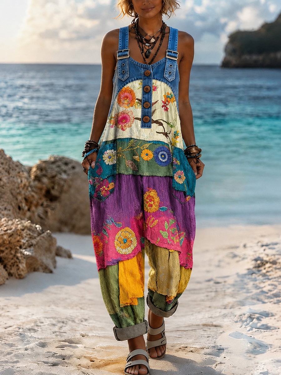 Women's Retro Style Art Print Washed Cotton Denim Patchwork Jumpsuit