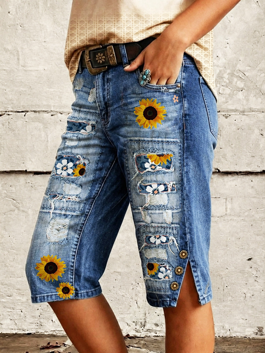 Retro Style Floral Art Print Vintage Casual Denim Shorts