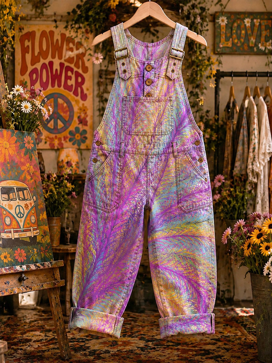 Women's Retro Style Art Print Washed Cotton Denim Patchwork Jumpsuit