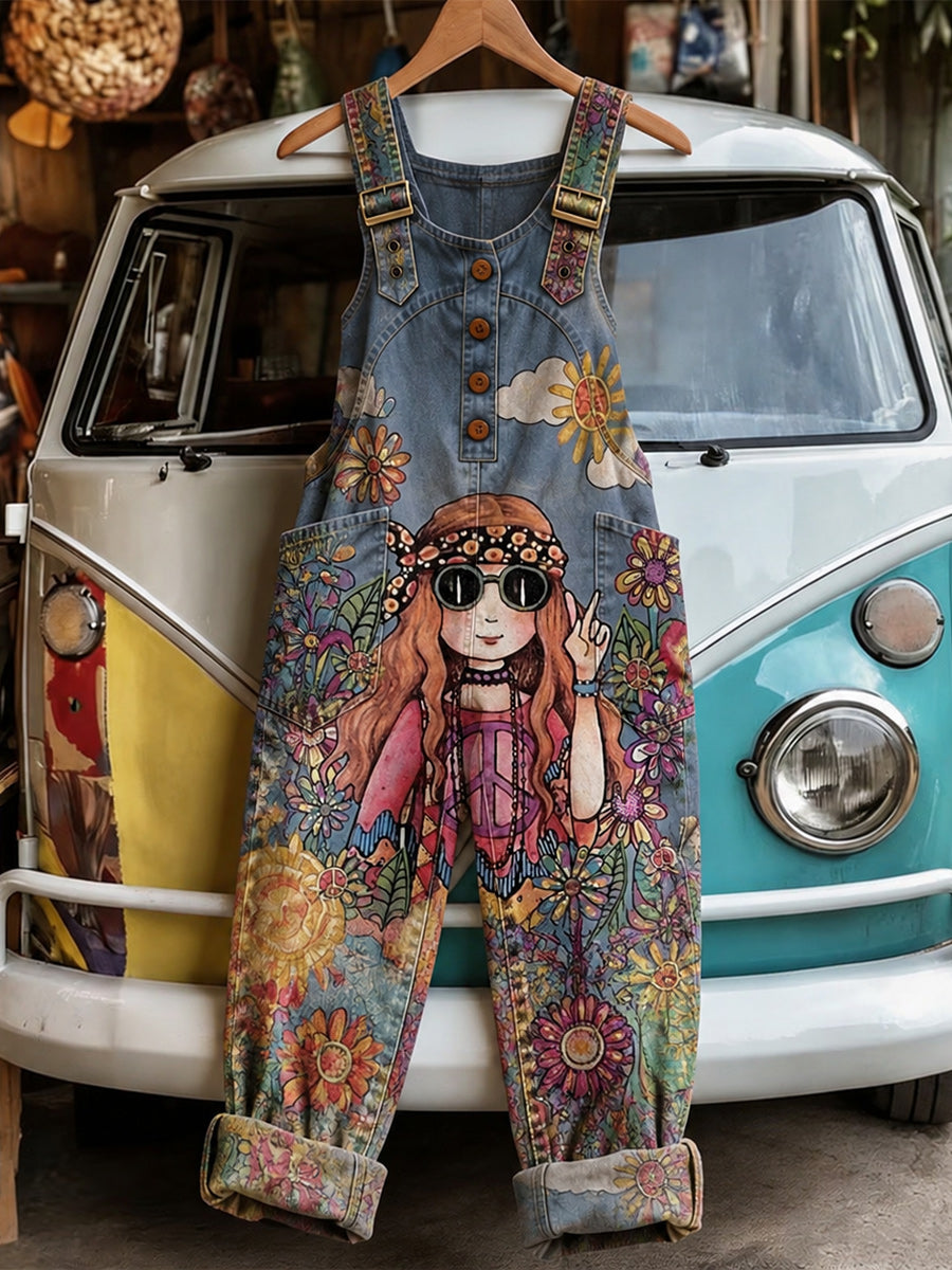 Women's Retro Style Art Print Washed Cotton Denim Patchwork Jumpsuit