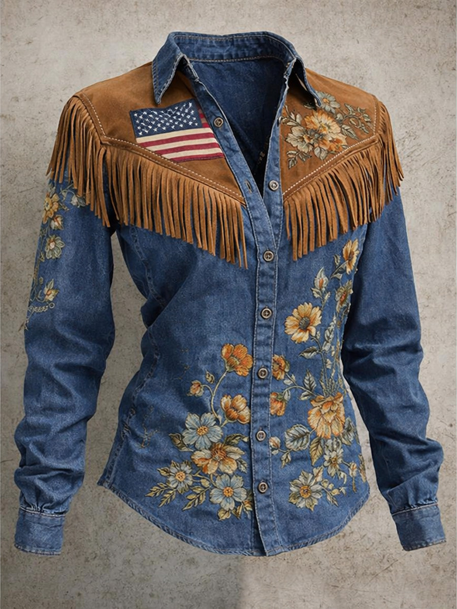 Women's Retro Casual American 250th Anniversary Print Vintage Tassel Long Sleeves Shirt