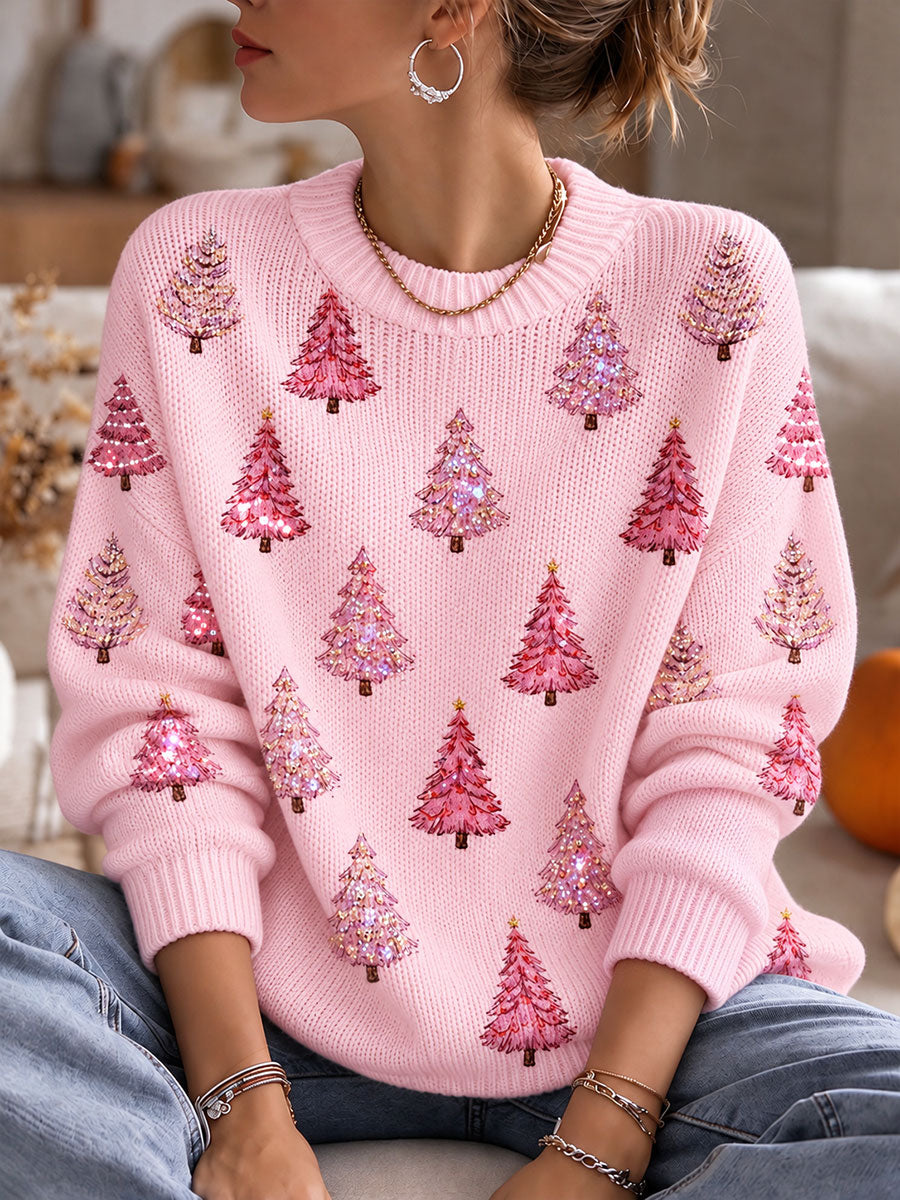 Women's Pink Christmas Tree Cozy Knit Sweater