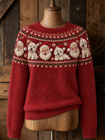 Women's Vintage Christmas Santa Claus & West Highland White Terrier Dogs Yoke Isle Print crew neck sweater