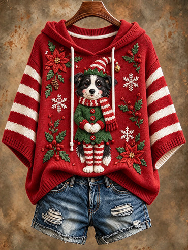 Women's Cute Christmas Border Collie Dog Print Hooded Sweater