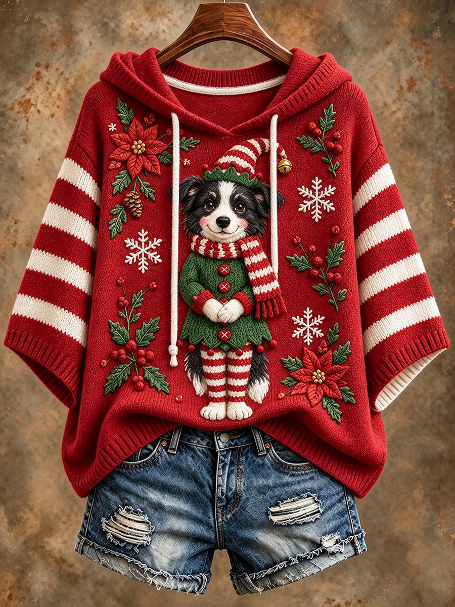 Women's Cute Christmas Border Collie Dog Print Hooded Sweater