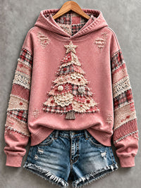Women's Pink Christmas Tree Print Regular Sweatshirt