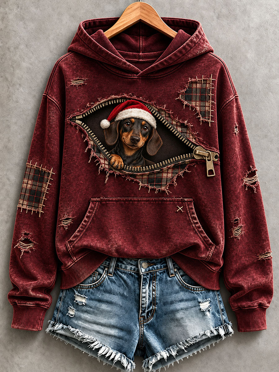 Women's Christmas Dachshund Washed Hoodie