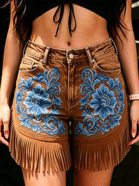 Women's Retro Floral Art Print Casual Leather Fringe Patchwork Pocket Shorts