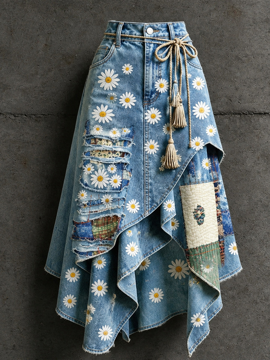 Women's Retro Style Art Print Irregularly Layered Stitched Skirt