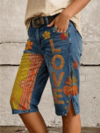 Retro Style Art Print Vintage Casual Denim Short