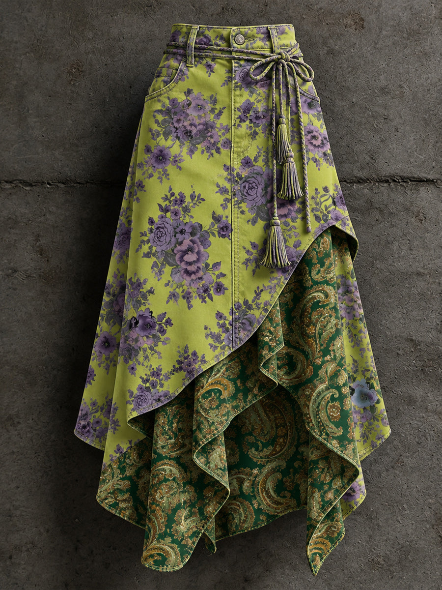 Women's Retro Style Art Print Irregularly Layered Stitched Skirt