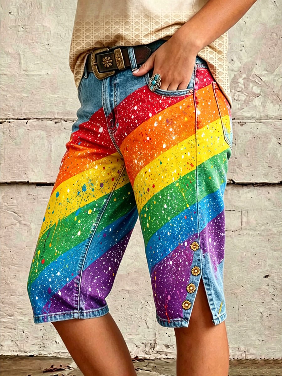 Retro Style Floral Art Print Vintage Casual Denim Shorts
