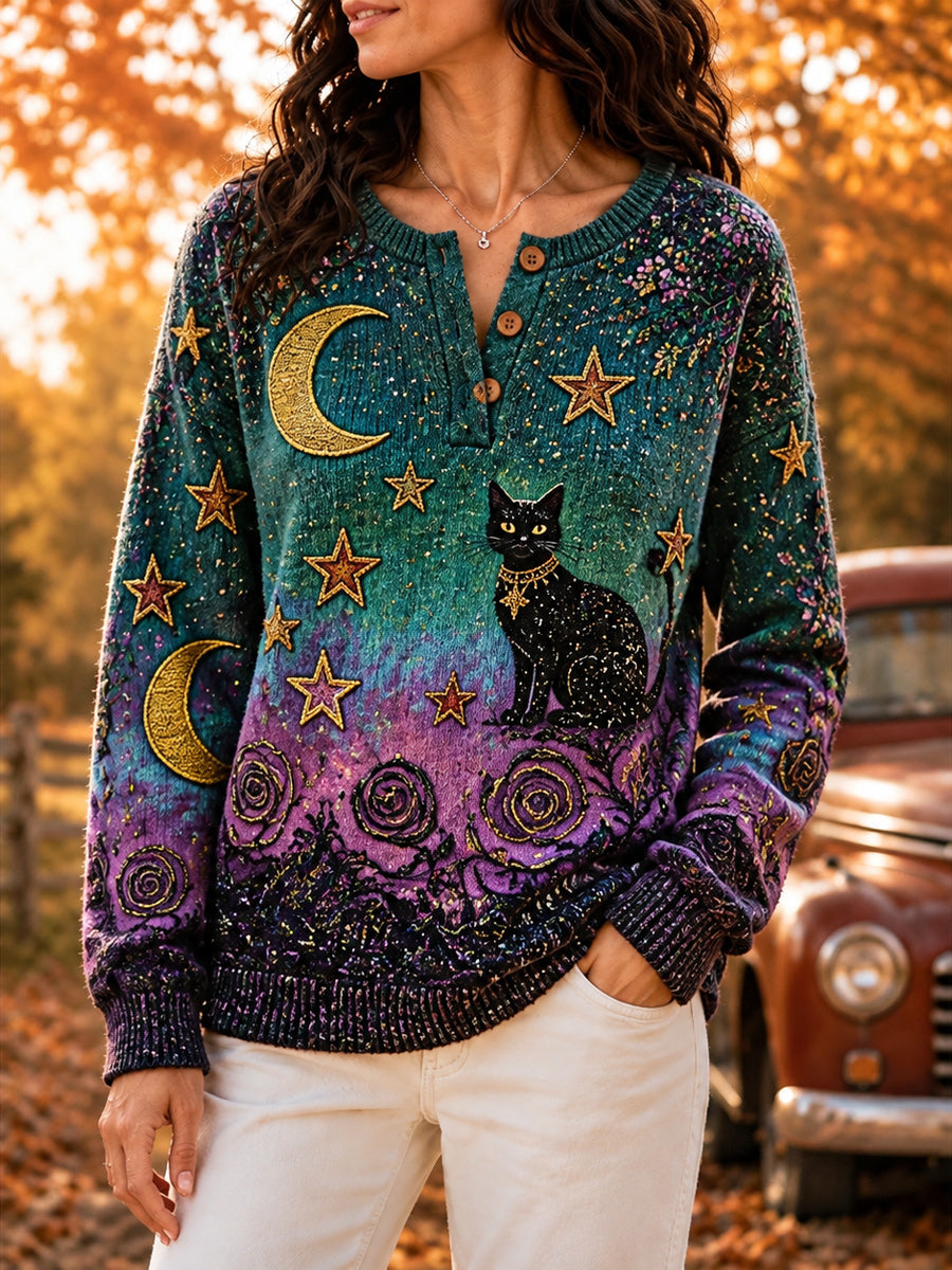 Women's Retro Autumn Art Print Knit Sweater