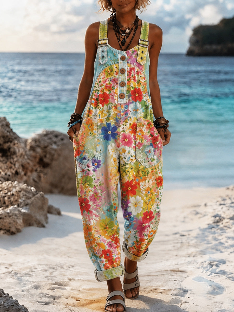 Women's Retro Style Art Print Washed Cotton Denim Patchwork Jumpsuit
