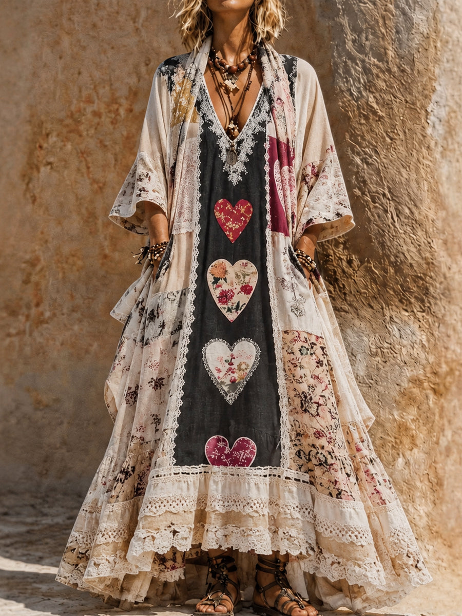 Retro Style Art Printed Vintage Camisole Dress Long Sleeve Two-Piece Maxi Dress