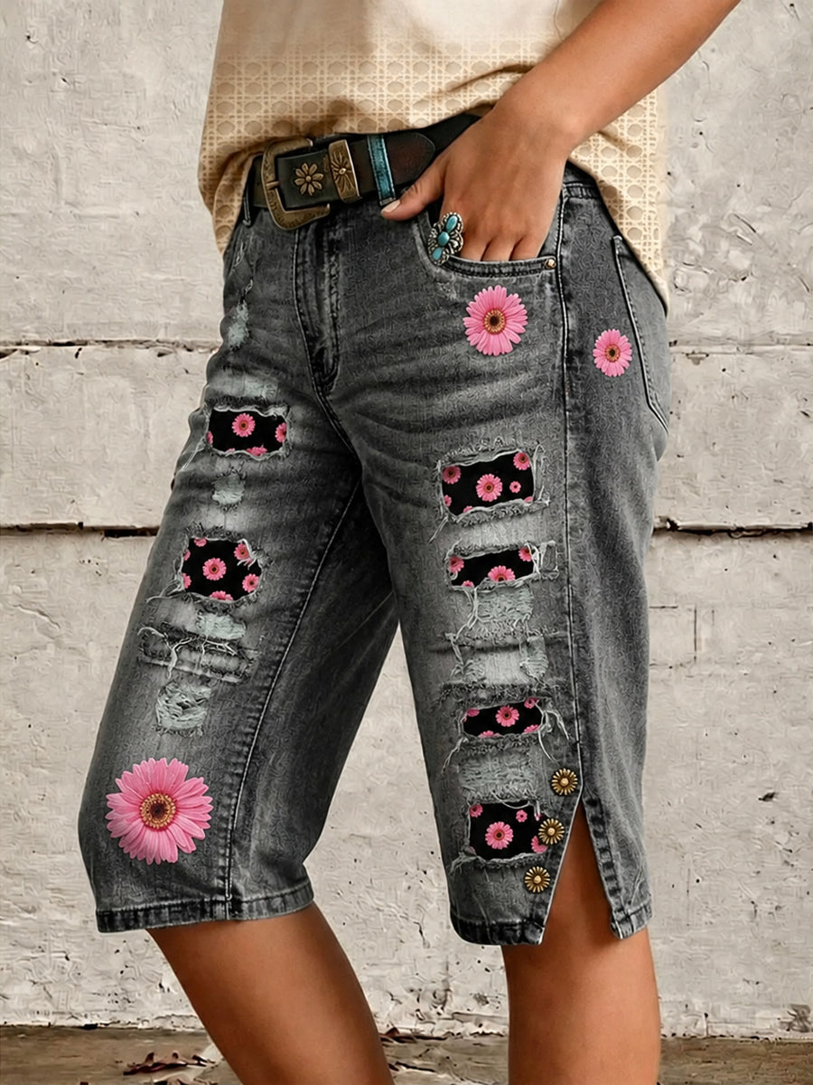 Retro Style Floral Art Print Vintage Casual Denim Shorts