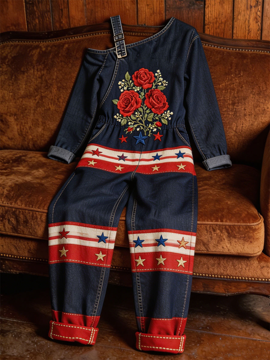 Women's Casual Art Print Retro Washed Cotton Denim Patchwork Jumpsuit